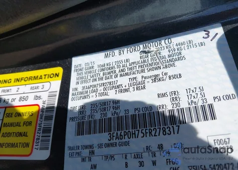 2015 Ford Fusion Se z USA, uszkodzony, nr VIN 3FA6P0H75FR278317